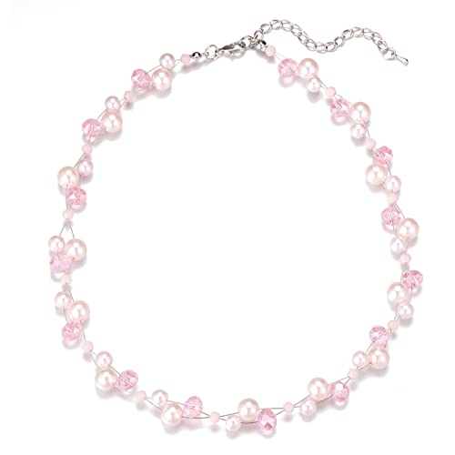 Bulinlin Damen Kristall Perlenkette Silber Boho Statement Choker Halskette für Frauen Modeschmuck Geburtstagsgeschenke（light pink） von Bulinlin