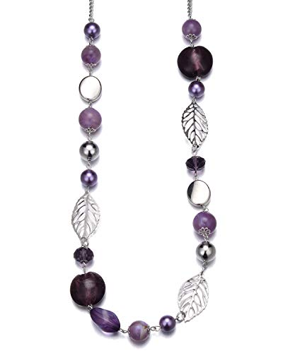 Bulinlin Damen Lange Perlenkette Statement Boho Silber Metallkette Hochzeitstag Modeschmuck Geschenke Pullover Halskette für Frauen（24-Purple） von Bulinlin