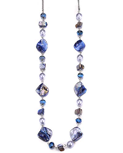 Bulinlin Damen Lange Perlenkette Statement Boho Silber Metallkette Hochzeitstag Modeschmuck Geschenke Pullover Halskette für Frauen（35-Blue） von Bulinlin