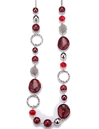 Bulinlin Damen Lange Perlenkette Statement Boho Silber Metallkette Hochzeitstag Modeschmuck Geschenke Pullover Halskette für Frauen（Red） von Bulinlin