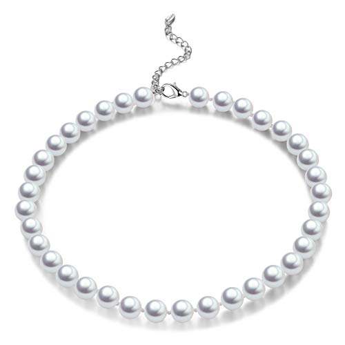 Bulinlin Damen Silber Muschel Perlenkette Boho Statement Strang Perlen Choker Halskette Modeschmuck Geschenke für Frauen(10mm White) von Bulinlin