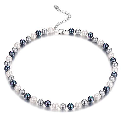 Bulinlin Damen Silber Muschel Perlenkette Boho Statement Strang Perlen Choker Halskette Modeschmuck Geschenke für Frauen(8mm Grey) von Bulinlin