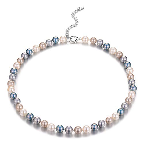 Bulinlin Damen Silber Muschel Perlenkette Boho Statement Strang Perlen Choker Halskette Modeschmuck Geschenke für Frauen(8mm Grey blue) von Bulinlin