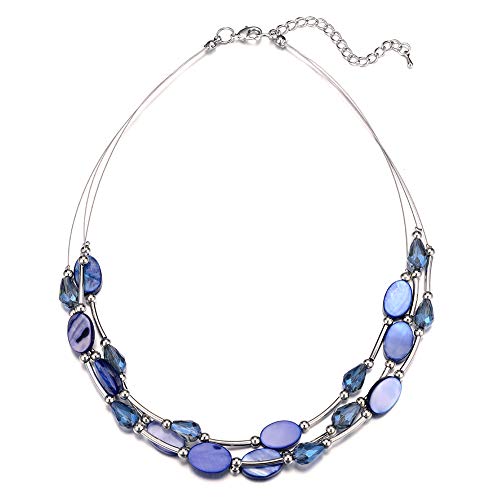 Bulinlin Damen Silber Perlenkette mit Kristall Statement Mehrreihige Boho Choker Halskette Modeschmuck Geburtstagsgeschenke für Frauen（13-Blue） von Bulinlin