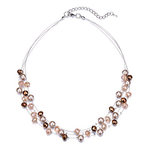 Bulinlin Damen Silber Perlenkette mit Kristall Statement Mehrreihige Boho Choker Halskette Modeschmuck Geburtstagsgeschenke für Frauen（15-Champagne） von Bulinlin