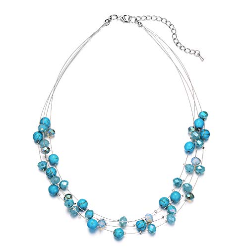 Bulinlin Damen Silber Perlenkette mit Kristall Statement Mehrreihige Boho Choker Halskette Modeschmuck Geburtstagsgeschenke für Frauen（15-Turquoise） von Bulinlin