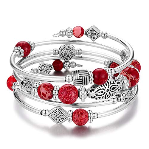 Bulinlin Damen Wickelarmband aus Natur Achat Stein Mehrschichtiges Perlen Silber Armkette Valentinstag Modeschmuck Geschenk（Imperial red） von Bulinlin