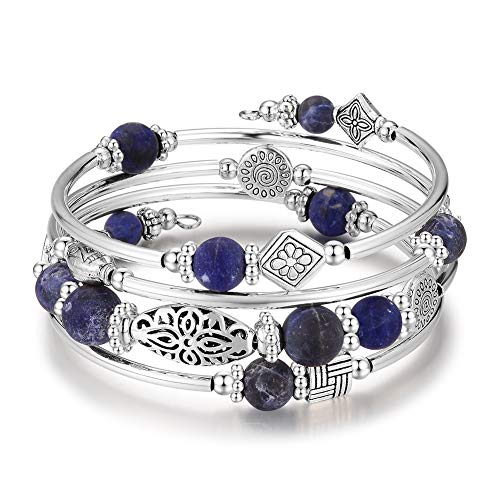 Bulinlin Damen Wickelarmband aus Natur Achat Stein Mehrschichtiges Perlen Silber Armkette Valentinstag Modeschmuck Geschenk（Navy blue） von Bulinlin