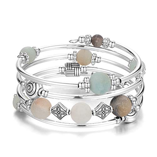 Bulinlin Damen Wickelarmband mit Achat Stein Silber Mehrschichtiges Perlen Armbänder Geburtstags Modeschmuck Geschenk für Frauen(09-Green) von Bulinlin