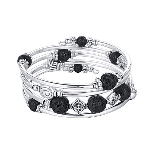 Bulinlin Damen Wickelarmband mit Achat Stein Silber Mehrschichtiges Perlen Armbänder Geburtstags Modeschmuck Geschenk für Frauen(09-Lava Black) von Bulinlin