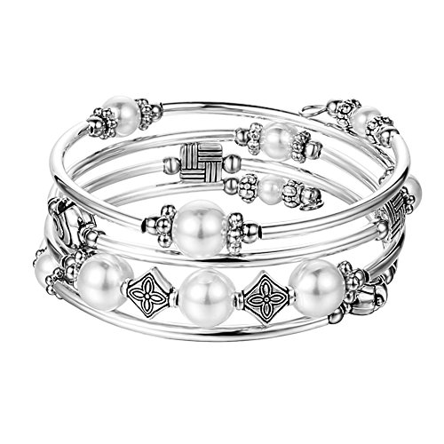 Bulinlin Damen Wickelarmband mit Achat Stein Silber Mehrschichtiges Perlen Armbänder Geburtstags Modeschmuck Geschenk für Frauen(09-White Pearl) von Bulinlin