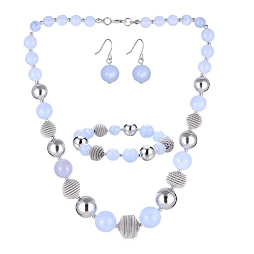 Bulinlin Perlen Damen Schmuck Set Silber Choker Halskette Ohrringe Creolen Statement Modeschmuck Weihnachtsgenchenke für Frauen(Light blue) von Bulinlin