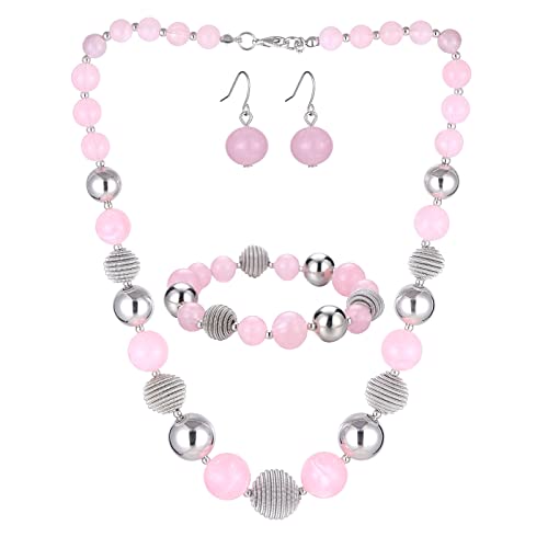 Bulinlin Perlen Damen Schmuck Set Silber Choker Halskette Ohrringe Creolen Statement Modeschmuck Weihnachtsgenchenke für Frauen(Light pink) von Bulinlin