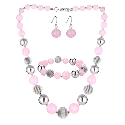 Bulinlin Perlen Damen Schmuck Set Silber Choker Halskette Ohrringe Creolen Statement Modeschmuck Weihnachtsgenchenke für Frauen(Light pink) von Bulinlin