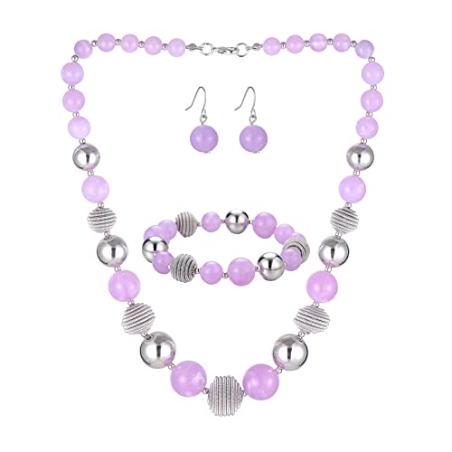 Bulinlin Perlen Damen Schmuck Set Silber Choker Halskette Ohrringe Creolen Statement Modeschmuck Weihnachtsgenchenke für Frauen(Light purple) von Bulinlin