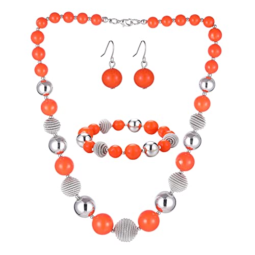 Bulinlin Perlen Damen Schmuck Set Silber Choker Halskette Ohrringe Creolen Statement Modeschmuck Weihnachtsgenchenke für Frauen(Orange) von Bulinlin