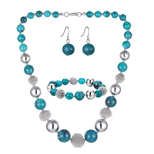 Bulinlin Perlen Damen Schmuck Set Silber Choker Halskette Ohrringe Creolen Statement Modeschmuck Weihnachtsgenchenke für Frauen(Sea Green) von Bulinlin