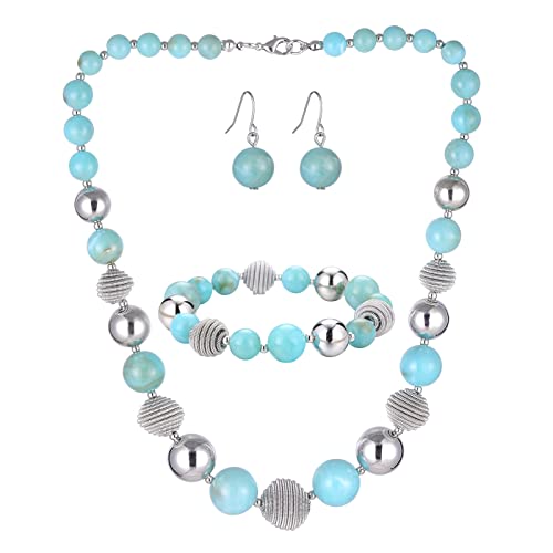 Bulinlin Perlen Damen Schmuck Set Silber Choker Halskette Ohrringe Creolen Statement Modeschmuck Weihnachtsgenchenke für Frauen(Turquoise) von Bulinlin