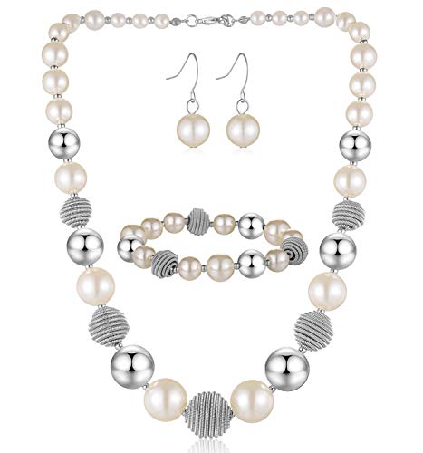 Bulinlin Perlen Damen Schmuck Set Silber Choker Halskette Ohrringe Creolen Statement Modeschmuck Weihnachtsgenchenke für Frauen(White pearl) von Bulinlin