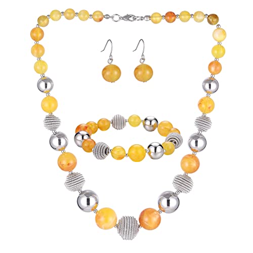 Bulinlin Perlen Damen Schmuck Set Silber Choker Halskette Ohrringe Creolen Statement Modeschmuck Weihnachtsgenchenke für Frauen(Yellow) von Bulinlin