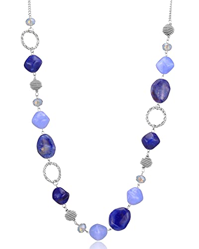 Bulinlin Silber Perplen Lang Kette für Damen Boho Statement Chain Halskette Modeschmuck Geburtstagsgeschenke für Frauen（Dark light blue） von Bulinlin