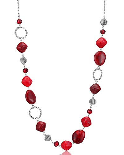 Bulinlin Silber Perplen Lang Kette für Damen Boho Statement Chain Halskette Modeschmuck Geburtstagsgeschenke für Frauen（Dark light red） von Bulinlin