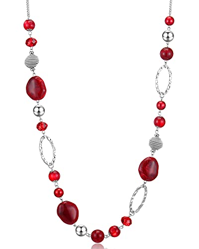 Bulinlin Silber Perplen Lang Kette für Damen Boho Statement Chain Halskette Modeschmuck Geburtstagsgeschenke für Frauen（Red） von Bulinlin