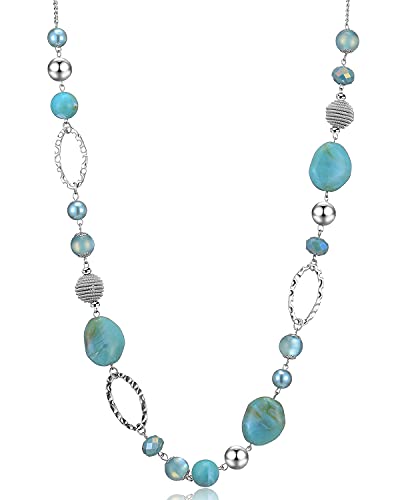 Bulinlin Silber Perplen Lang Kette für Damen Boho Statement Chain Halskette Modeschmuck Geburtstagsgeschenke für Frauen（Turquoise） von Bulinlin