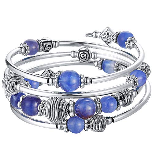 Bulinlin Silber Wickelarmband mit Naturstein Perlen Boho Mehrschichtiges Damen Armbänder Geburtstags Modegeschenk für Frauen(Blue) von Bulinlin