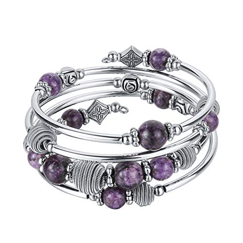 Bulinlin Silber Wickelarmband mit Naturstein Perlen Boho Mehrschichtiges Damen Armbänder Geburtstags Modegeschenk für Frauen(Purple) von Bulinlin