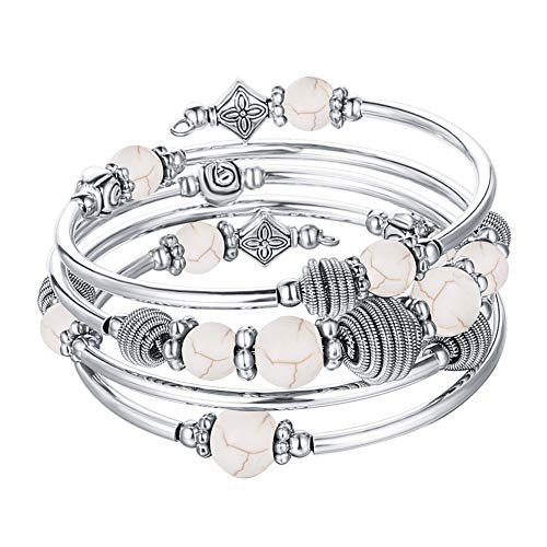 Bulinlin Silber Wickelarmband mit Naturstein Perlen Boho Mehrschichtiges Damen Armbänder Geburtstags Modegeschenk für Frauen(White Turquoise) von Bulinlin