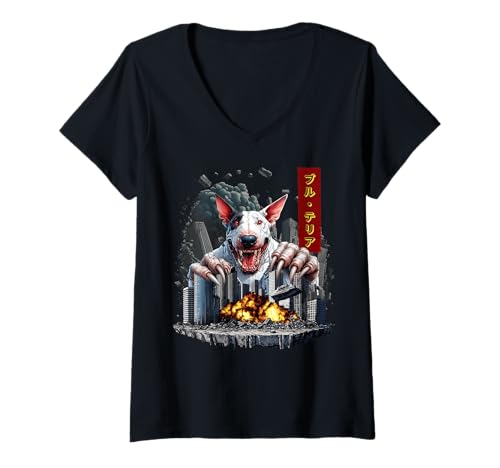 Damen Lustiger Bullterrier Dinosaurier Kaiju Monster Japanisch T-Shirt mit V-Ausschnitt von Bull Terrier Dinosaur Kaiju Monster Clothing