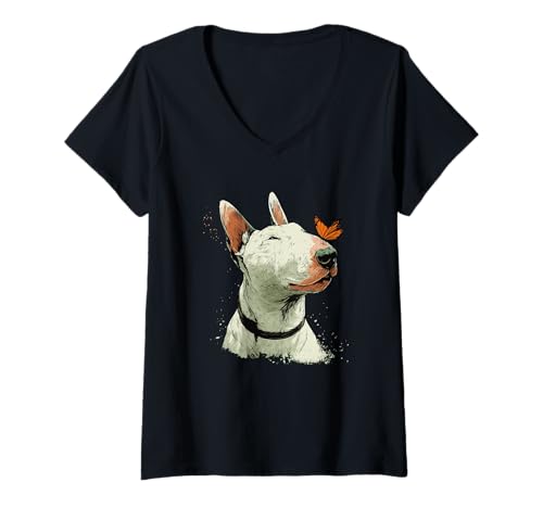 Damen Fröhlicher Bullterrier mit Schmetterling T-Shirt mit V-Ausschnitt von Bull Terrier Dog Love