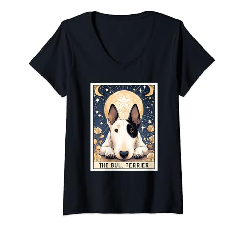 Damen Bullterrier Tarotkarte Mond Männer Frauen Kinder T-Shirt mit V-Ausschnitt von Bull Terrier Tarot Card Moon Men Women Kids
