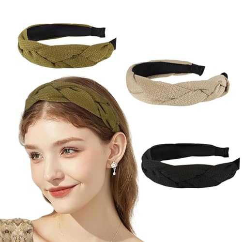 3 Stück Haarreif mit Geflochtener Stoff, Haarreif Damen Vintage Haarreifen, Elastisch Haarbänder Breite Stirnbänder Modische Haarschmuck Rutschfest Kopfband, Haar-Accessoires für Damen und Mädchen von Bull Tiger Prestige