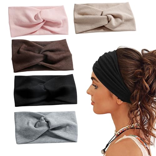 5 Stück Breite Haarbänder Damen Herren, Elastisch Kosmetik Haarband Damen, Stirnband Damen Sport Dünn, Yoga Sport Sommer Dünn Baumwolle Stirnbänder, Knot Haarreifefür Frauen Rutschfeste Schweißband von Bull Tiger Prestige