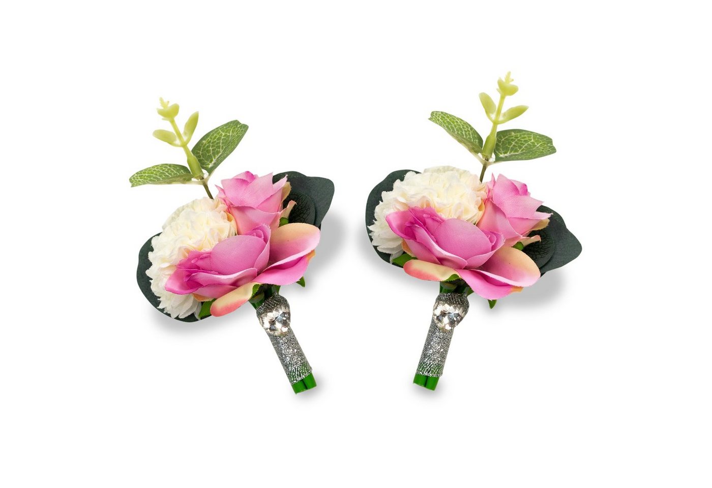 Bull & Drake Brosche Blumenstrauß (2-tlg), Hochzeitsbrosche / Blumenbrosche / Herren Brosche für Hochzeit, Bräutigam, Trauzeuge, Groom, Best Man / Lapel Pin / Anstecknadel / Boutonnière / Reversblume / Kragenblume / Blumenstrauß / Jackett / Gentleman, weiß-grün-rosa von Bull & Drake