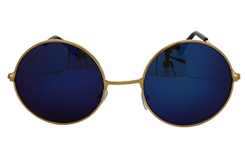 Schöne Unisex Aktuelle Design-Hippie-Stil Brillen Runde Sonnenbrillen Anti-Reflektierende Linse (Blauer Spiegel mit Gold Gestell) von Bullahshah