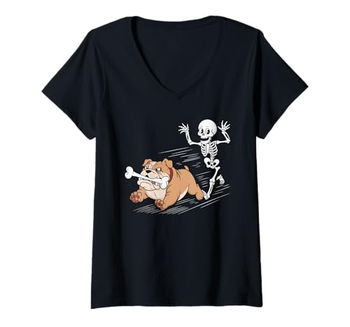 Damen Bulldoggen-Skelett T-Shirt mit V-Ausschnitt Damen Bulldoggen-Skelett T-Shirt mit V-Ausschnitt von Bulldog Design
