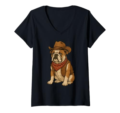 Damen Bulldog Dressed As A Cowboy Funny English Bulldog Dog T-Shirt mit V-Ausschnitt Damen Bulldog Dressed As A Cowboy Funny English Bulldog Dog T-Shirt mit V-Ausschnitt von Bulldog Dressed As A Cowboy Funny Dog Apparel