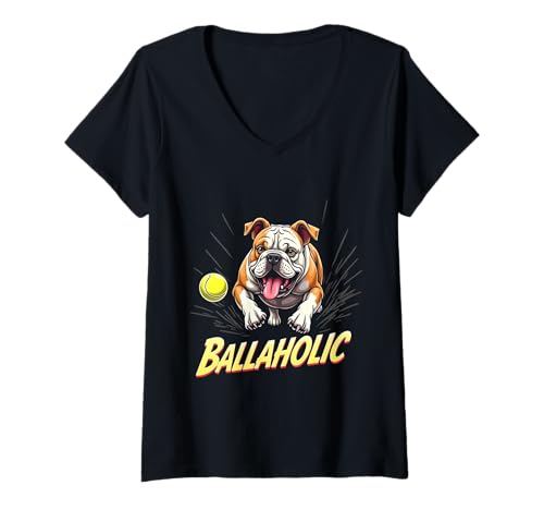 Damen Lustiger Ballaholic Englische Bulldogge Jagdball T-Shirt mit V-Ausschnitt Damen Lustiger Ballaholic Englische Bulldogge Jagdball T-Shirt mit V-Ausschnitt von Bulldog Fun Designs
