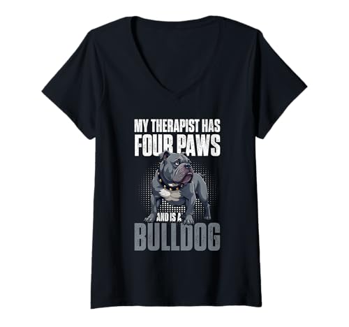 Damen Bulldogge T-Shirt mit V-Ausschnitt von Bulldog Gifts for Men and Women