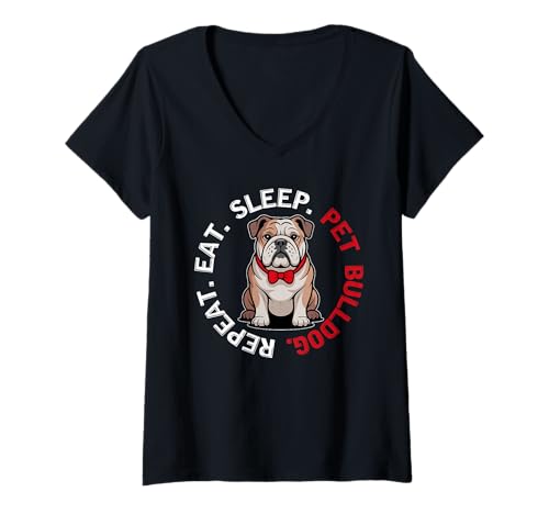Damen Bulldogge T-Shirt mit V-Ausschnitt von Bulldog Gifts for Men and Women