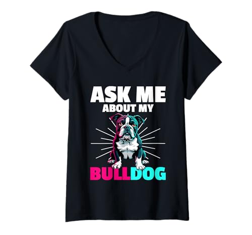 Damen Bulldogge T-Shirt mit V-Ausschnitt von Bulldog Gifts for Men and Women
