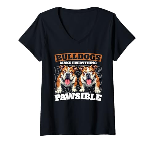 Damen Bulldogge T-Shirt mit V-Ausschnitt von Bulldog Gifts for Men and Women