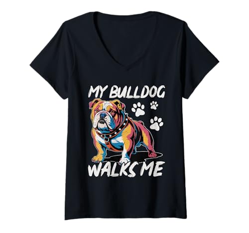 Damen Bulldogge T-Shirt mit V-Ausschnitt von Bulldog Gifts for Men and Women