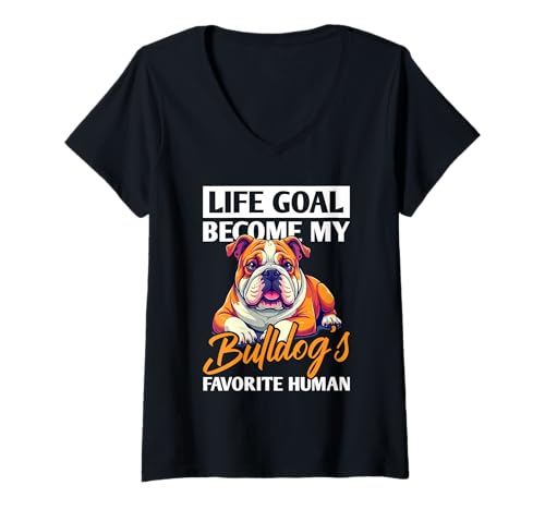 Damen Bulldogge T-Shirt mit V-Ausschnitt von Bulldog Gifts for Men and Women