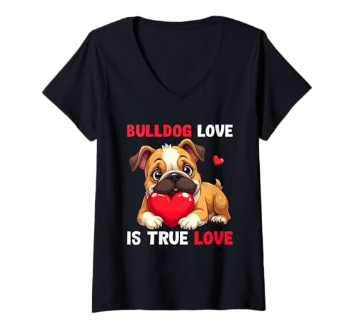 Damen Bulldogge T-Shirt mit V-Ausschnitt von Bulldog Gifts for Men and Women