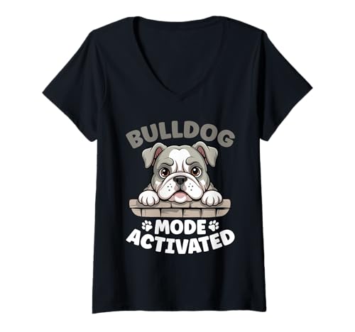 Damen Bulldogge T-Shirt mit V-Ausschnitt von Bulldog Gifts for Men and Women