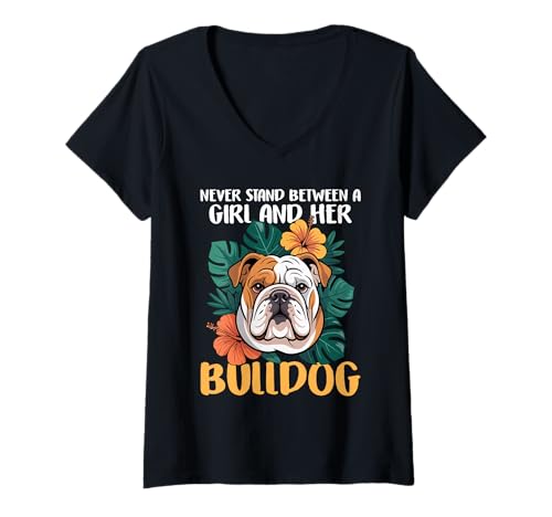 Damen Bulldogge T-Shirt mit V-Ausschnitt von Bulldog Gifts for Men and Women